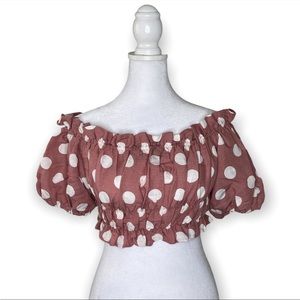 Zara Pink and Cream Linen Blend Off Shoulder Polka dot Crop Top Size XS